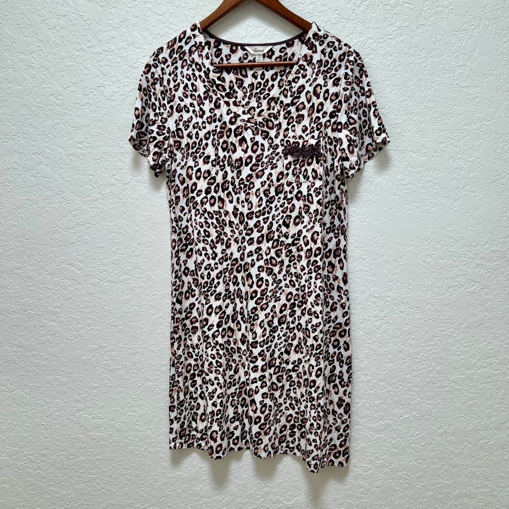 Soma Intimates Womens Leopard Print Lace Pocket V-Neck Nightshirt Medium